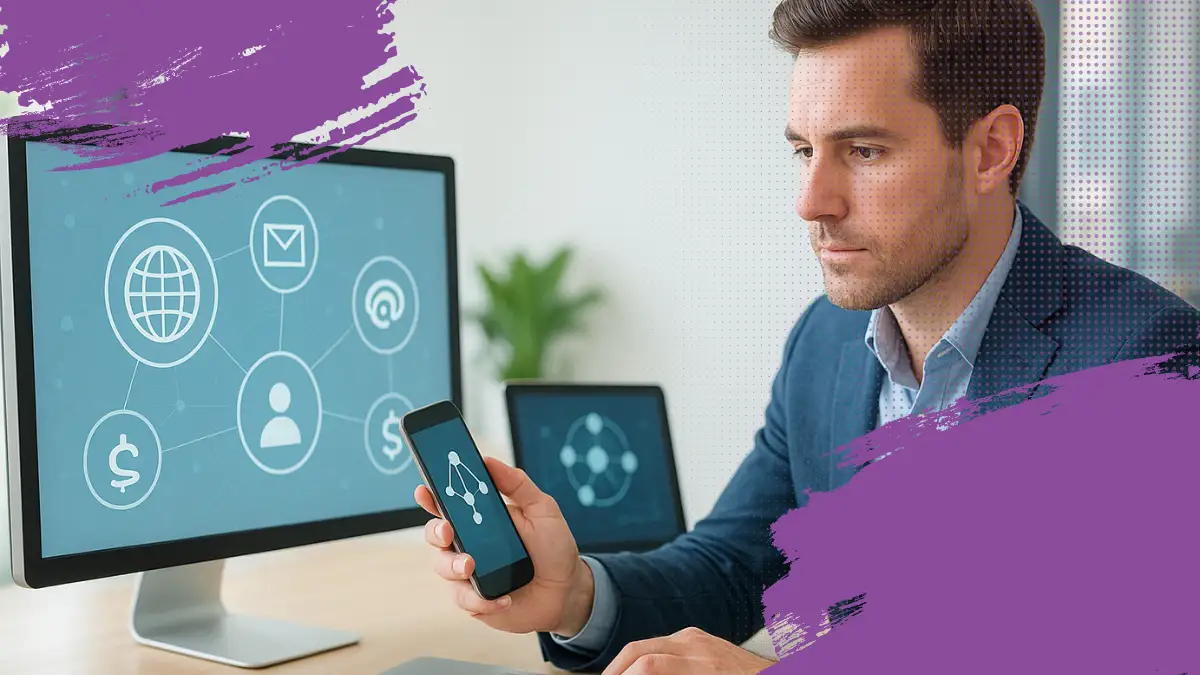 Professional using a smartphone and computer with interconnected digital icons, representing a unified media ecosystem and multichannel communication strategy.