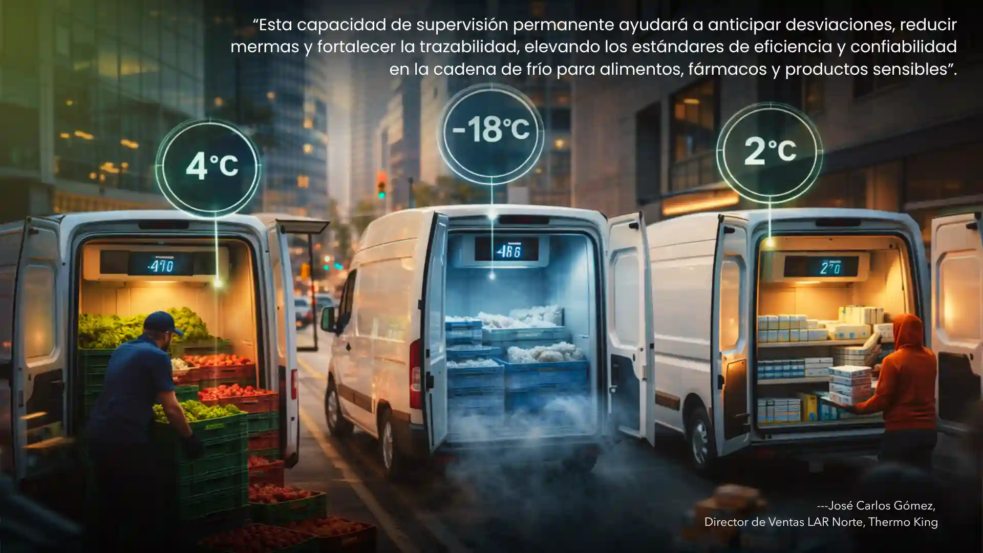 logistica-de-transporte-refrigerado-2 Vehículos de reparto refrigerados con control de temperatura en tiempo real para alimentos y medicamentos, mostrando monitoreo de la cadena de frío en entornos urbanos.
