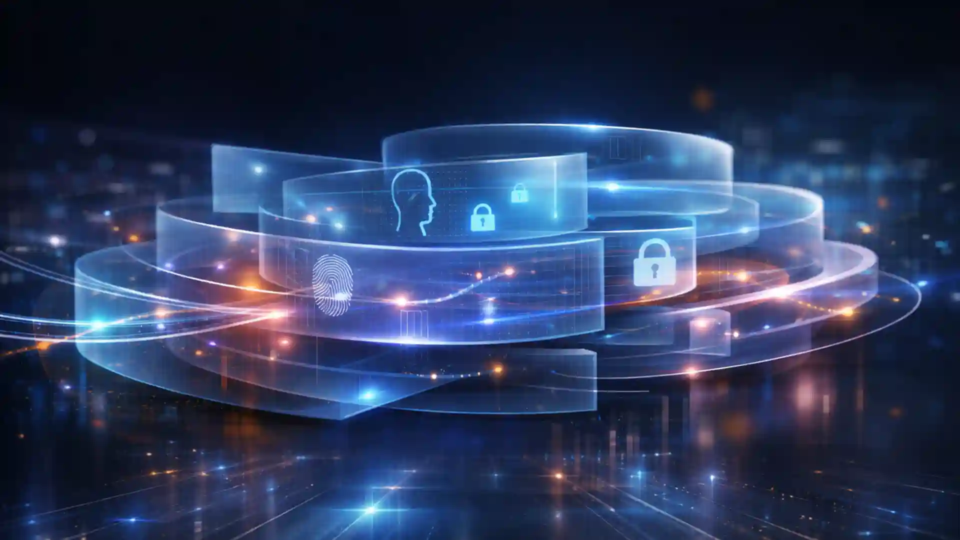 Verificación de identidad online continua con IA y automatización Capas digitales interconectadas con iconos de huella biométrica, perfil de usuario y candados que representan verificación de identidad online continua, protección de datos personales y seguridad digital basada en inteligencia artificial.